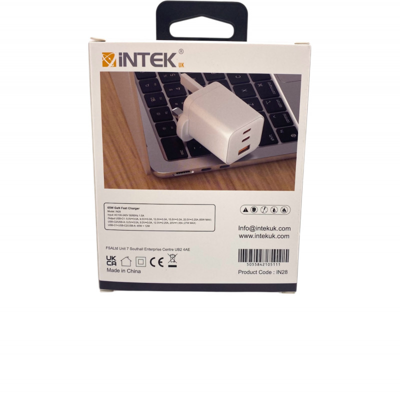 INTEK 65W Travel Fast Charger with cable 3-PORT 2X Type-C X USB